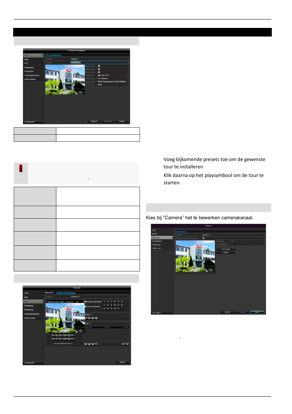 Camera, Opslaan en oproepen van presets, Installeren en oproepen van tours | ABUS TVHD80110 Operating instructions User Manual | Page 150 / 408