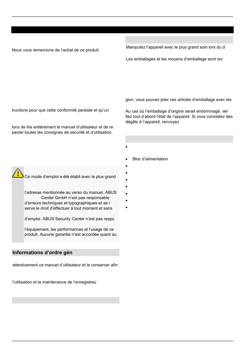 Préface, Informations d’ordre général, Déballage | Contenu de la livraison | ABUS TVHD80110 Operating instructions User Manual | Page 189 / 408