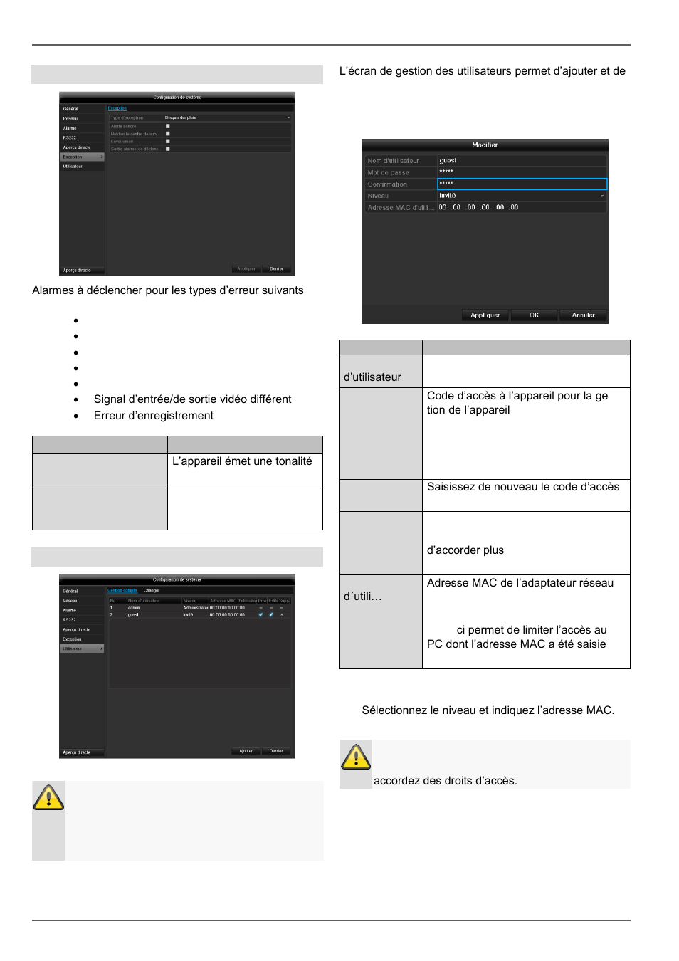 Configuration de système, Avertissement, Utilisateur | ABUS TVHD80110 Operating instructions User Manual | Page 208 / 408