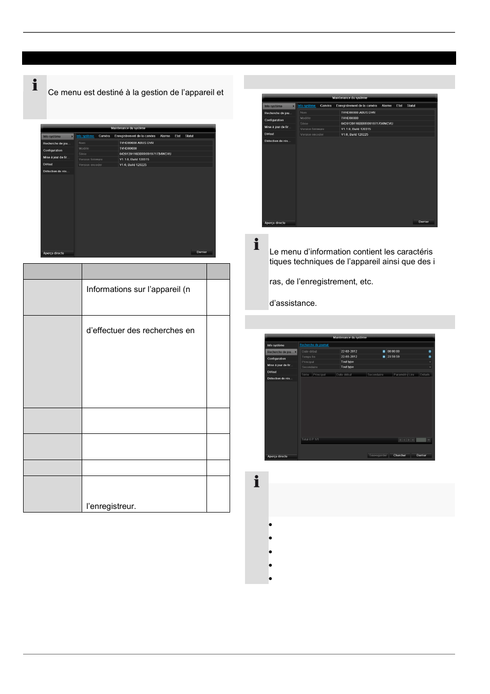 Maintenance, Info système, Recherche de journal | ABUS TVHD80110 Operating instructions User Manual | Page 223 / 408