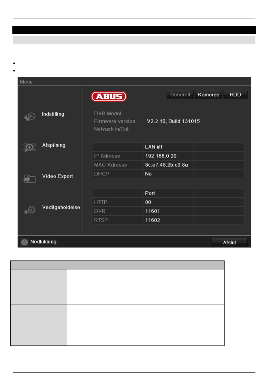 Menubeskrivelse, Apparatmenu, Menuoversigt | ABUS TVHD80110 Operating instructions User Manual | Page 258 / 408