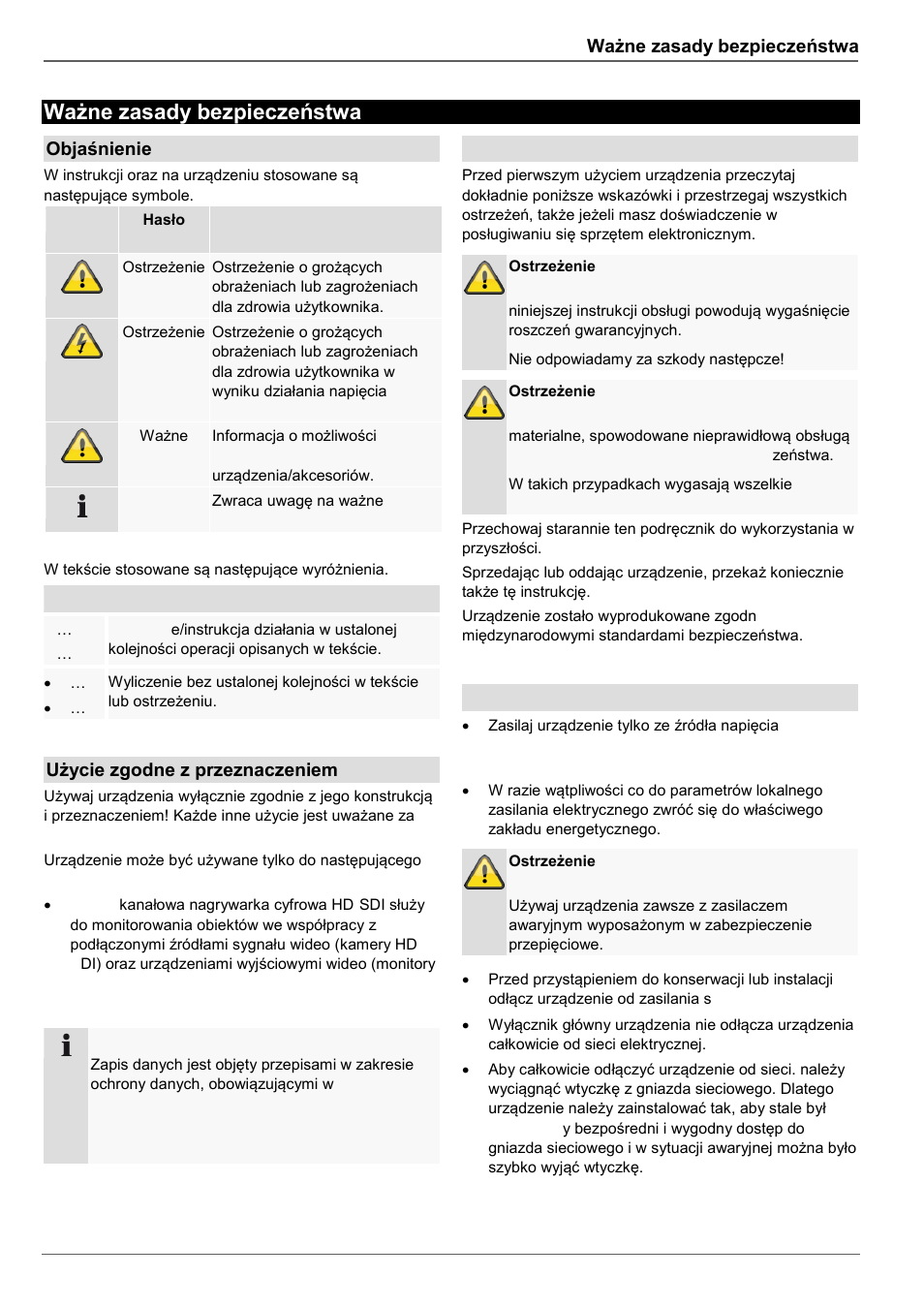 Ważne zasady bezpieczeństwa, Objaśnienie symboli, Użycie zgodne z przeznaczeniem | Ogólne informacje, Zasilanie elektryczne | ABUS TVHD80110 Operating instructions User Manual | Page 303 / 408