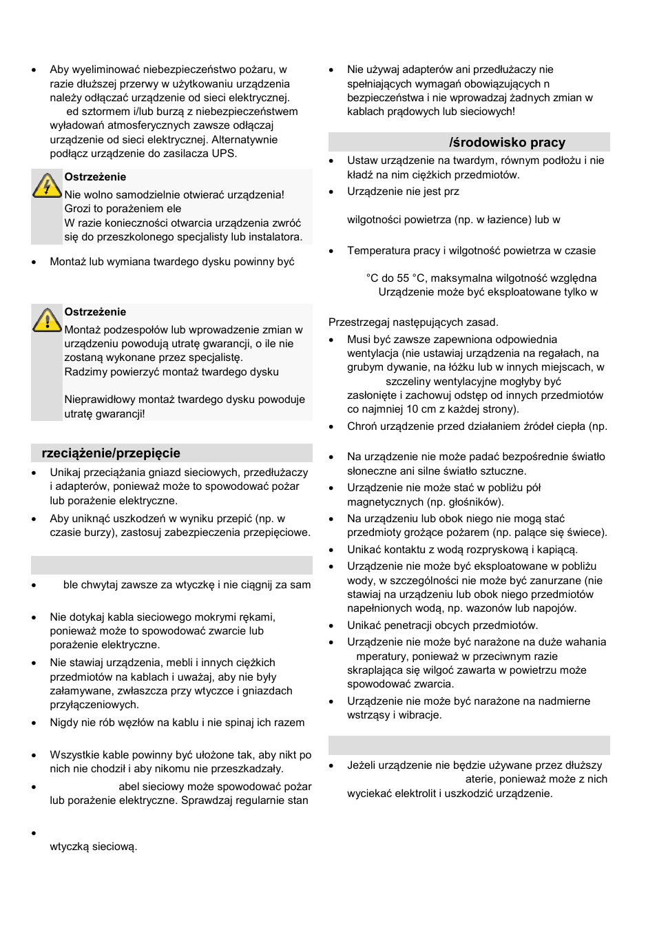 Przeciążenie/przepięcie, Kable, Miejsce ustawienia/środowisko pracy | Pilot, Miejsce ustawienia /środowisko pracy | ABUS TVHD80110 Operating instructions User Manual | Page 304 / 408