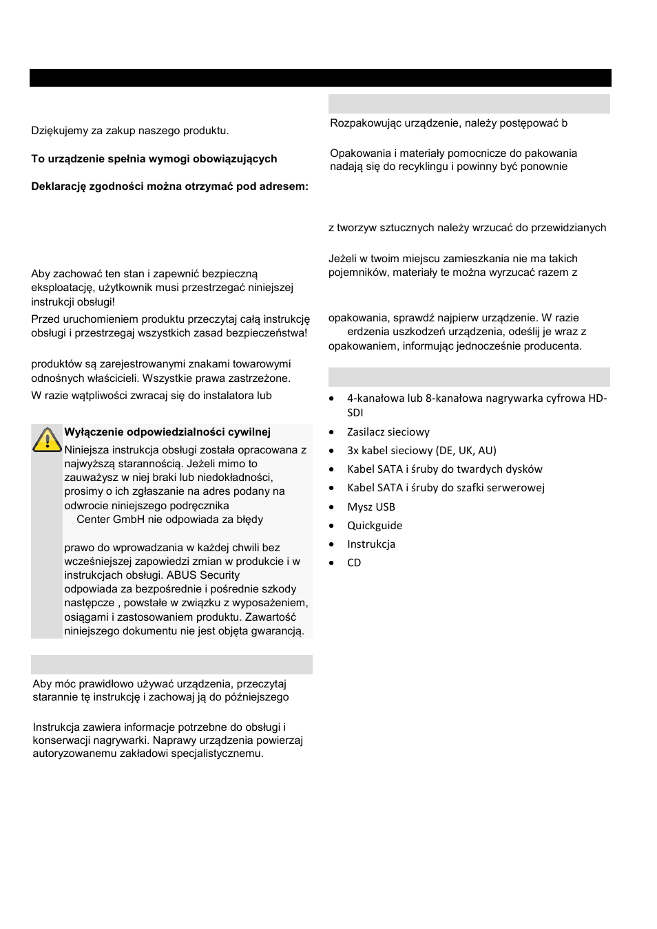 Wprowadzenie, Ogólne informacje, Rozpakowanie | Zakres dostawy | ABUS TVHD80110 Operating instructions User Manual | Page 306 / 408