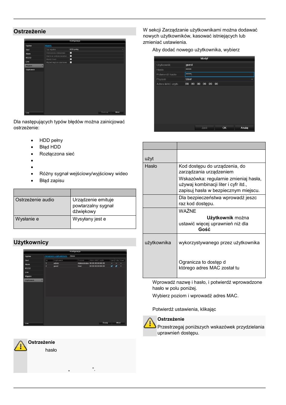 Ostrzeżenie, Użytkownicy, Konfiguracja | ABUS TVHD80110 Operating instructions User Manual | Page 324 / 408