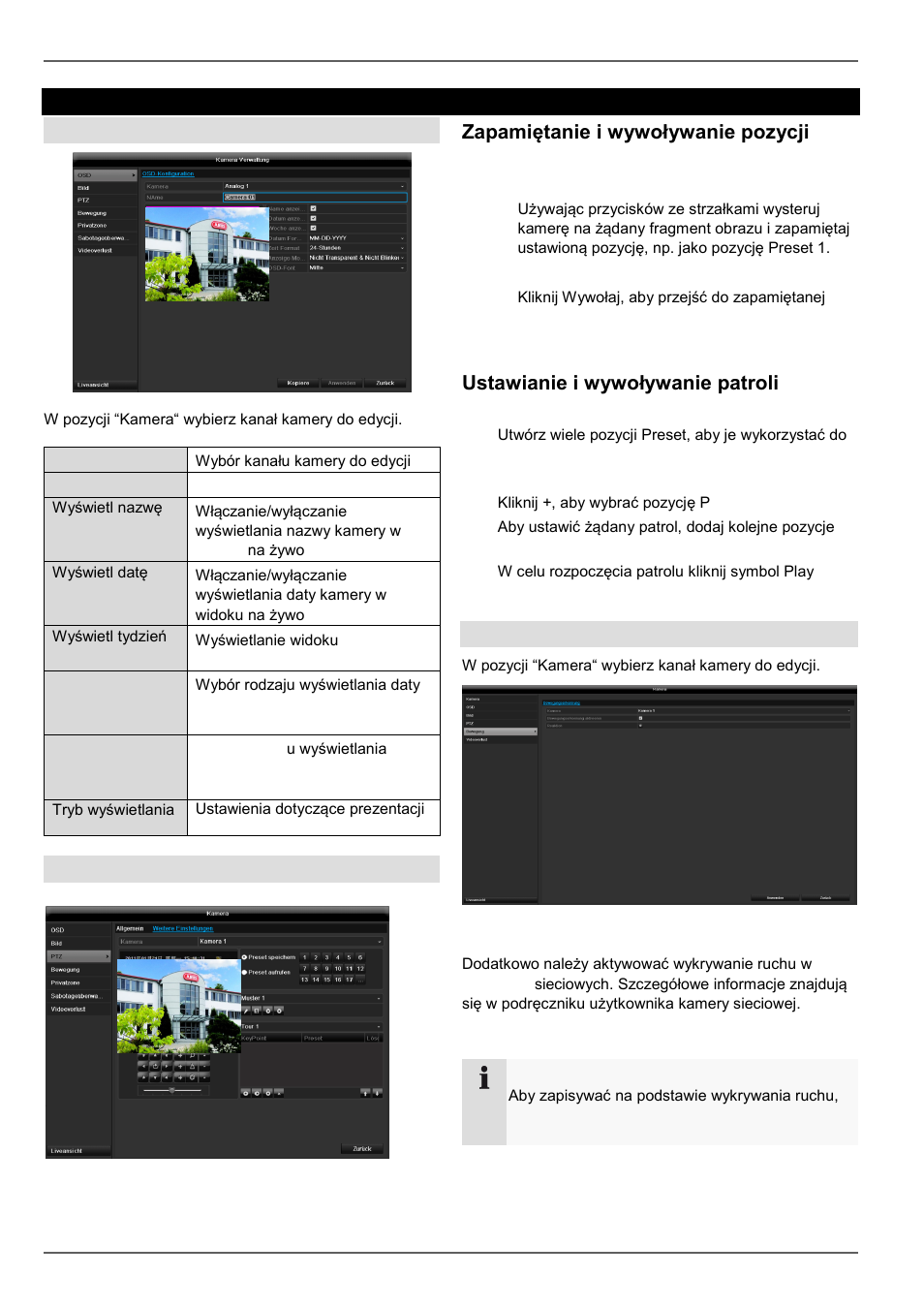 Ruch, Kamera, Zapamiętanie i wywoływanie pozycji preset | Ustawianie i wywoływanie patroli | ABUS TVHD80110 Operating instructions User Manual | Page 326 / 408