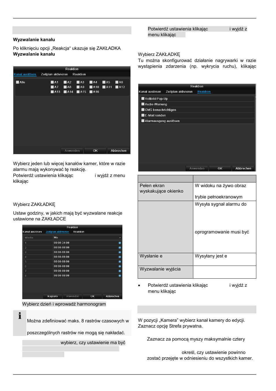 Reakcja, Strefa prywatna, Konfiguracja | ABUS TVHD80110 Operating instructions User Manual | Page 327 / 408