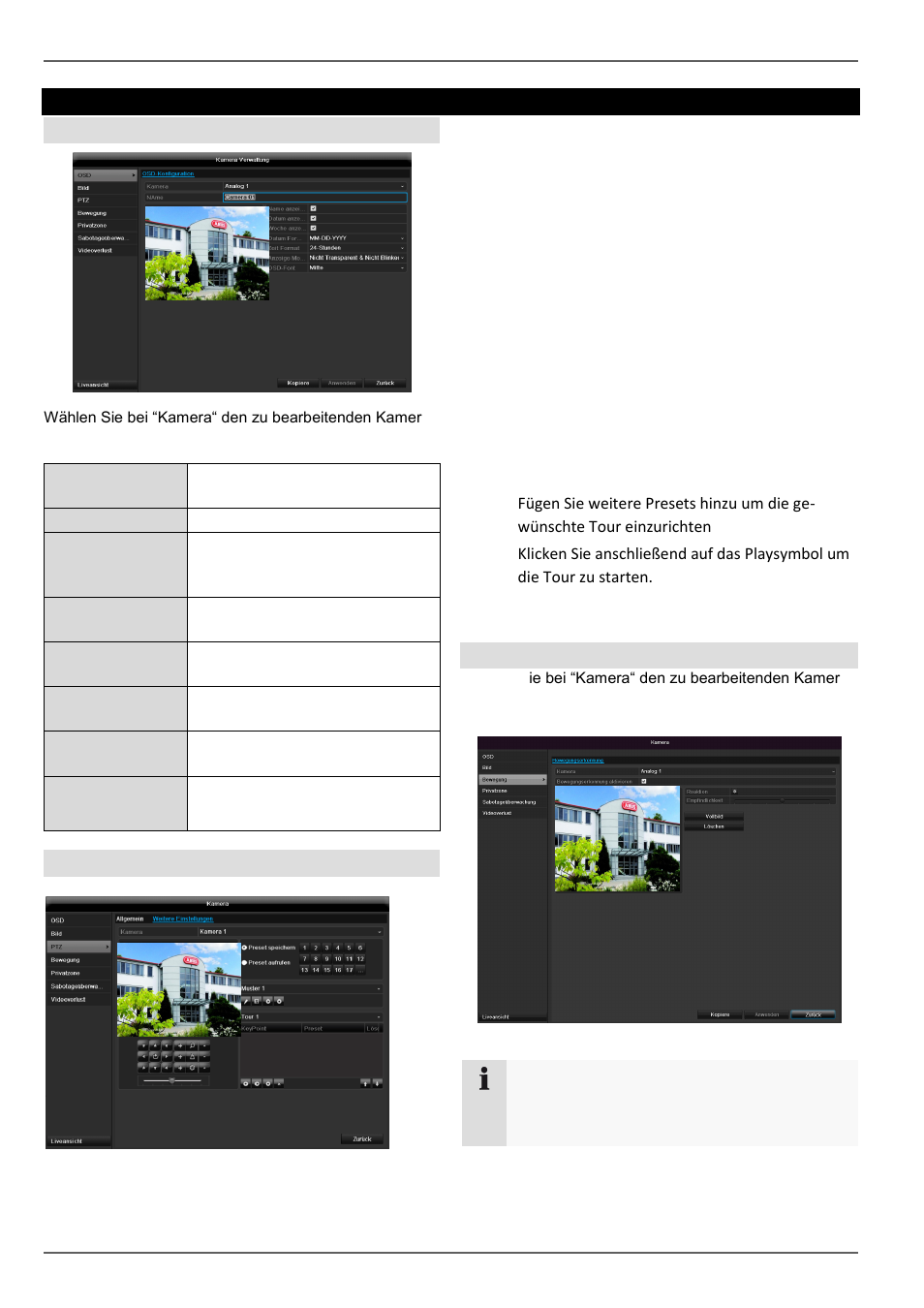 Kamera, Speichern und aufrufen von presets, Einrichten und aufrufen von touren | Konfiguration, Bewegung | ABUS TVHD80110 Operating instructions User Manual | Page 33 / 408