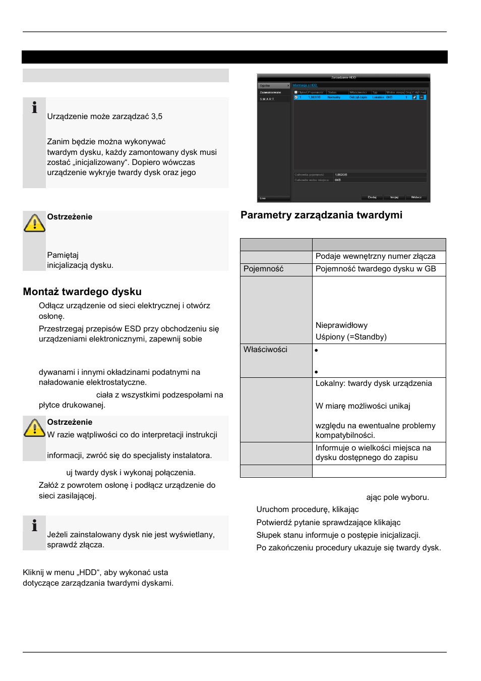 Zarzadzanie hdd, Twarde dyski, Montaż twardego dysku | Parametry zarządzania twardymi dyskami | ABUS TVHD80110 Operating instructions User Manual | Page 333 / 408