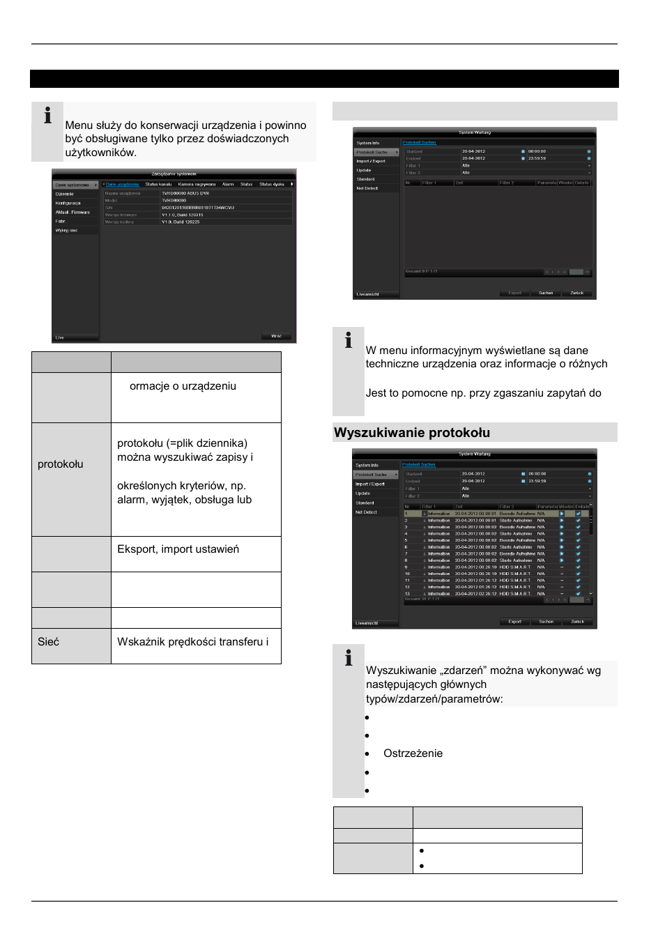 Konserwacja, Informacja o systemie, Wyszukiwanie protokołu | ABUS TVHD80110 Operating instructions User Manual | Page 339 / 408