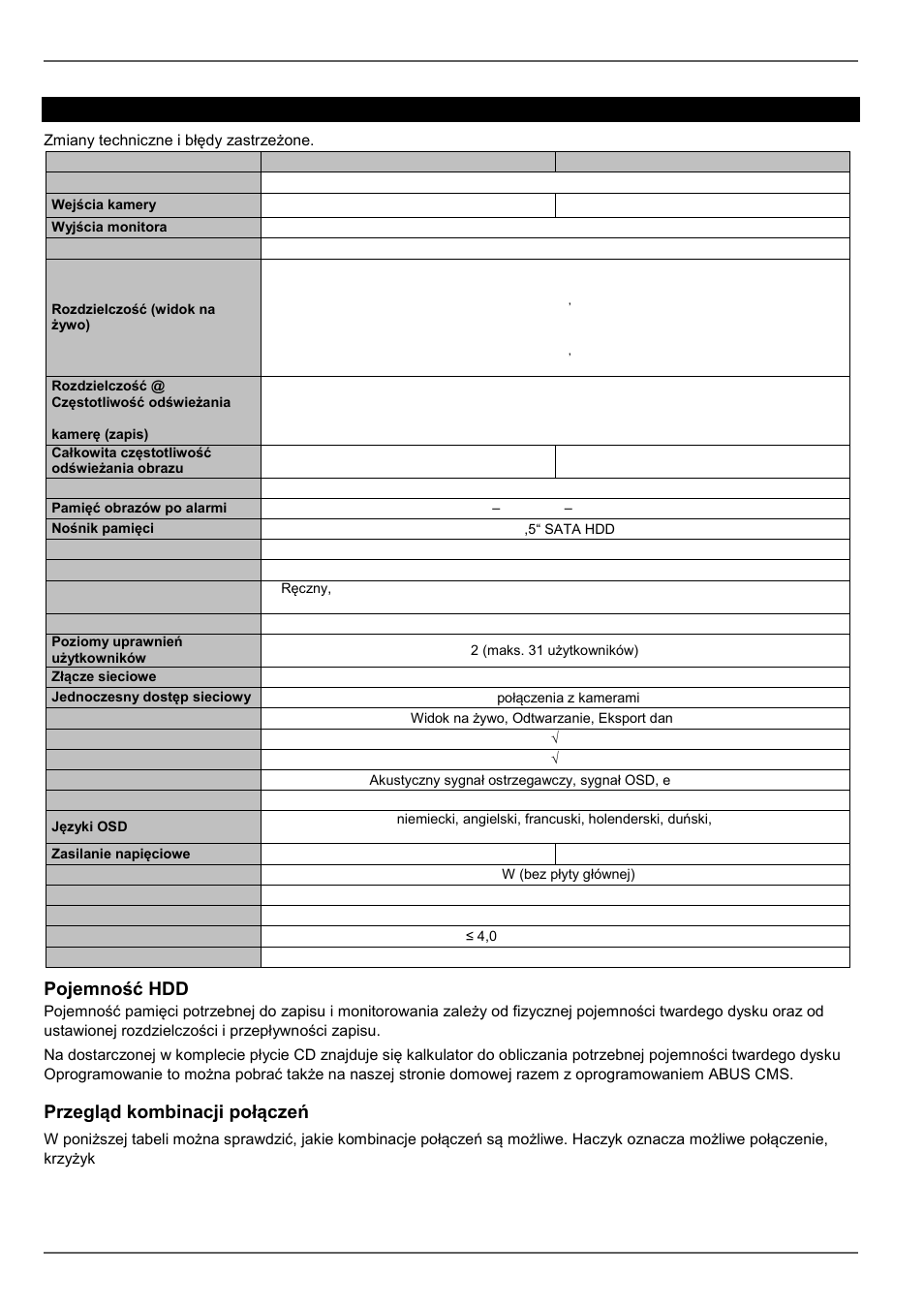 Dane techniczne, Pojemność hdd, Przegląd kombinacji połączeń | ABUS TVHD80110 Operating instructions User Manual | Page 345 / 408