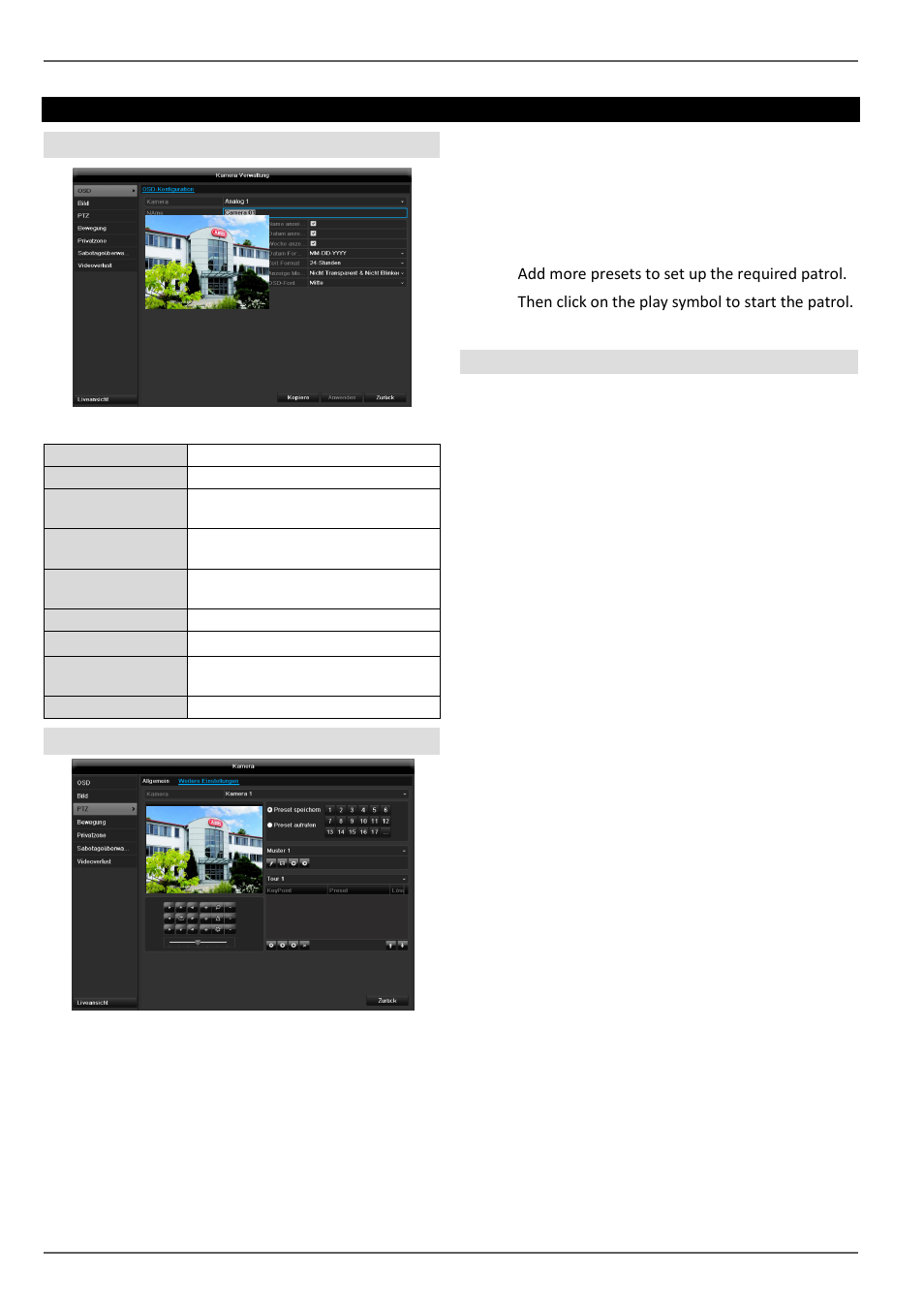 Camera, Saving and retrieving presets, Setting up and calling up patrols | ABUS TVHD80110 Operating instructions User Manual | Page 91 / 408