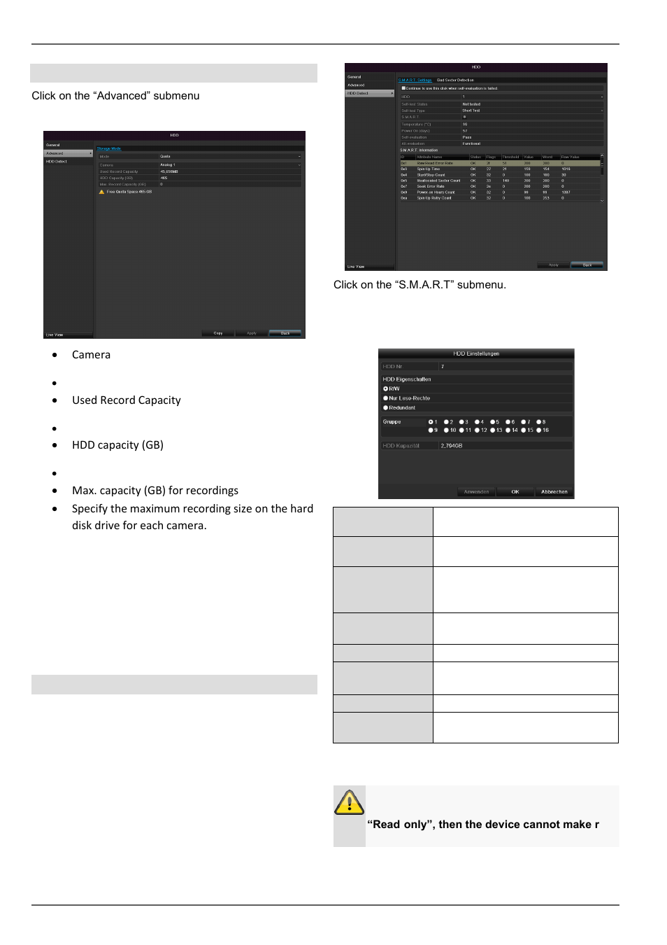 Camera, Hdd settings of the cameras, S.m.a.r.t | ABUS TVHD80110 Operating instructions User Manual | Page 99 / 408