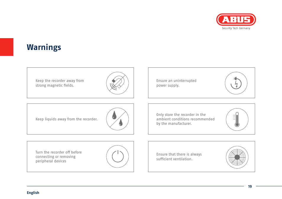 Warnings | ABUS TVHD80110 Quick operating instructions User Manual | Page 19 / 87