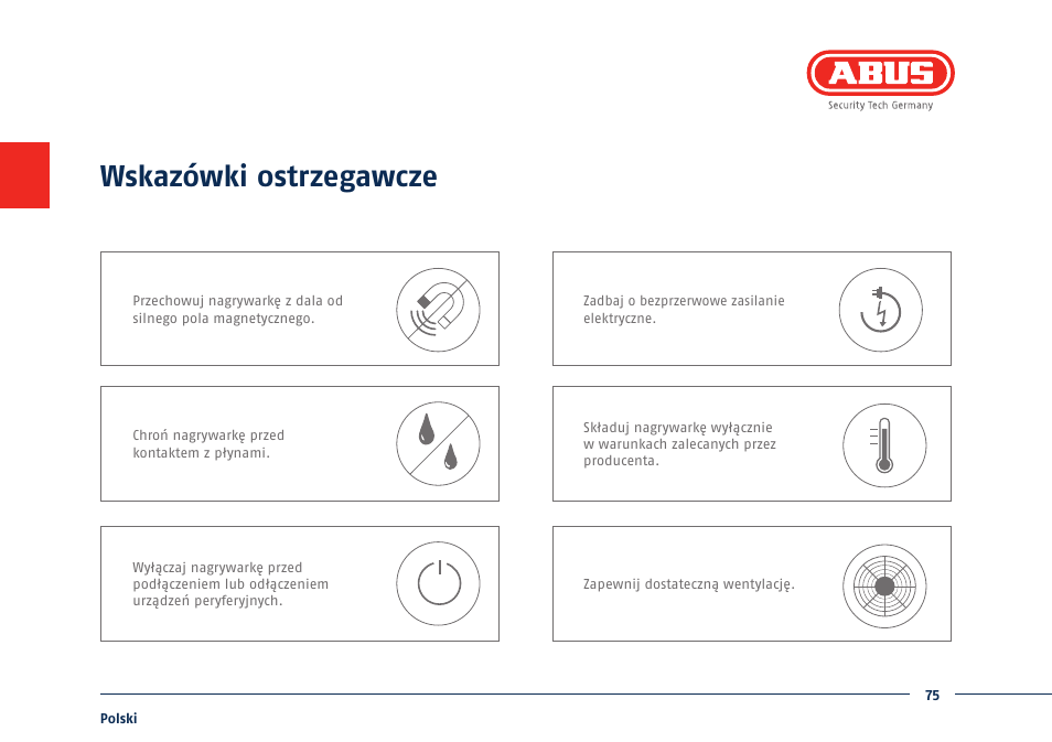 Wskazówki ostrzegawcze | ABUS TVHD80110 Quick operating instructions User Manual | Page 75 / 87