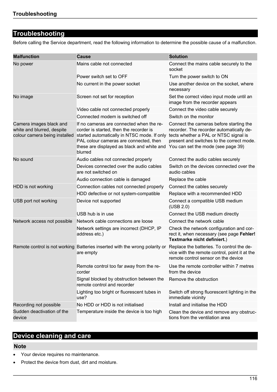 Troubleshooting, Device cleaning and care | ABUS TVHD80010 Operating instructions User Manual | Page 116 / 366