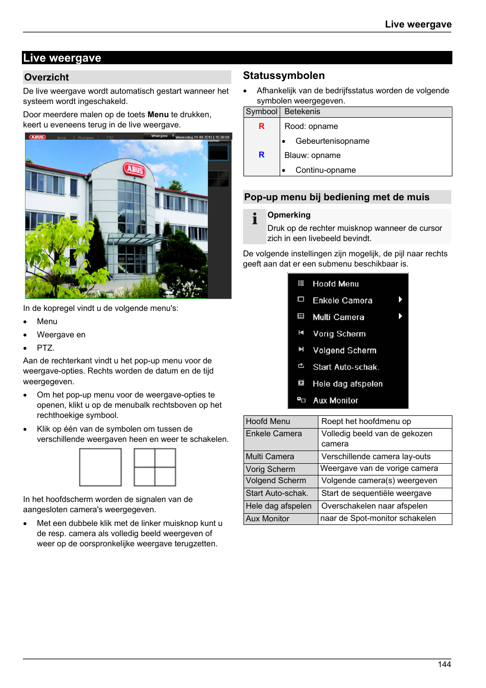 Live weergave, Statussymbolen | ABUS TVHD80010 Operating instructions User Manual | Page 144 / 366