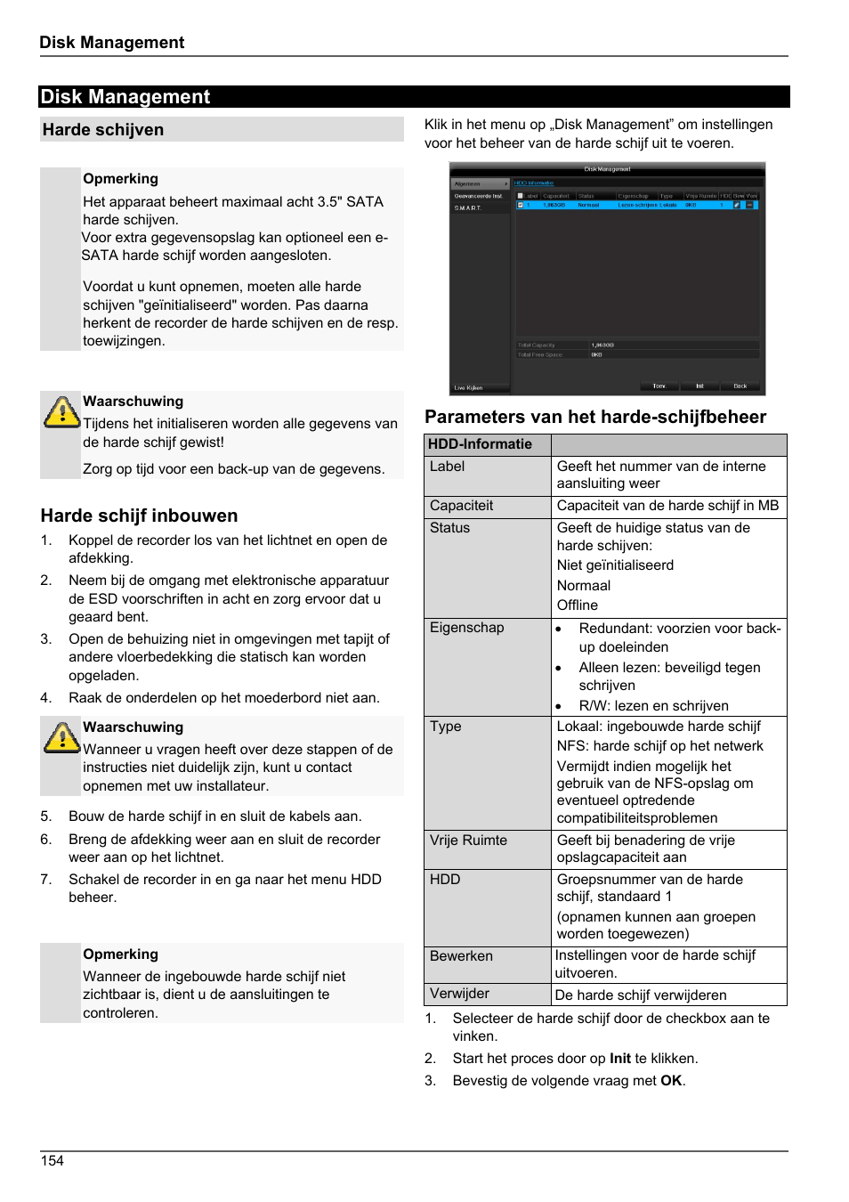Disk management, Harde schijf inbouwen, Parameters van het harde-schijfbeheer | ABUS TVHD80010 Operating instructions User Manual | Page 154 / 366
