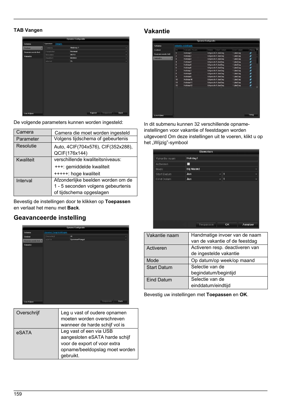 Geavanceerde instelling, Vakantie | ABUS TVHD80010 Operating instructions User Manual | Page 159 / 366