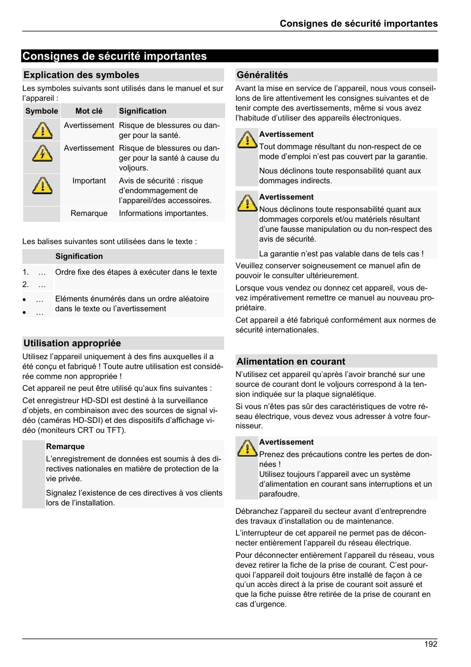 Consignes de sécurité importantes | ABUS TVHD80010 Operating instructions User Manual | Page 192 / 366