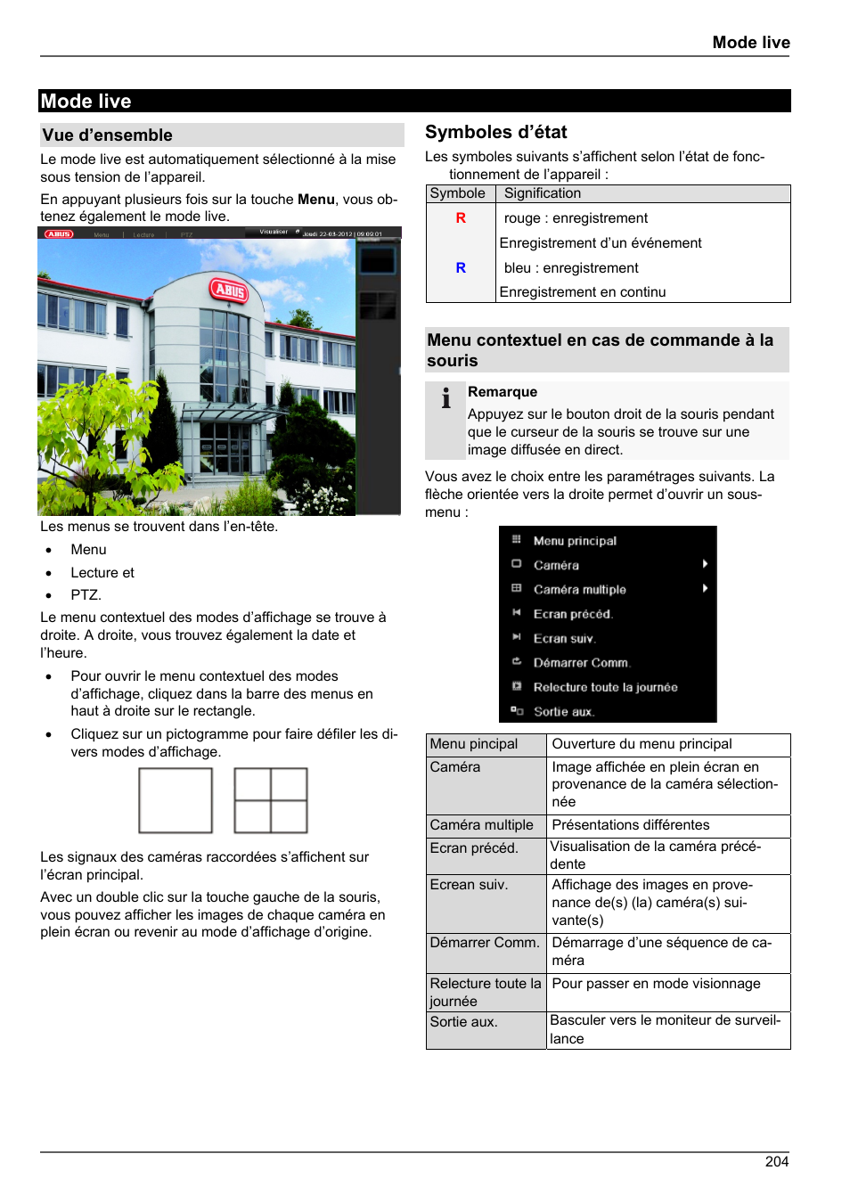 Mode live, Symboles d’état | ABUS TVHD80010 Operating instructions User Manual | Page 204 / 366