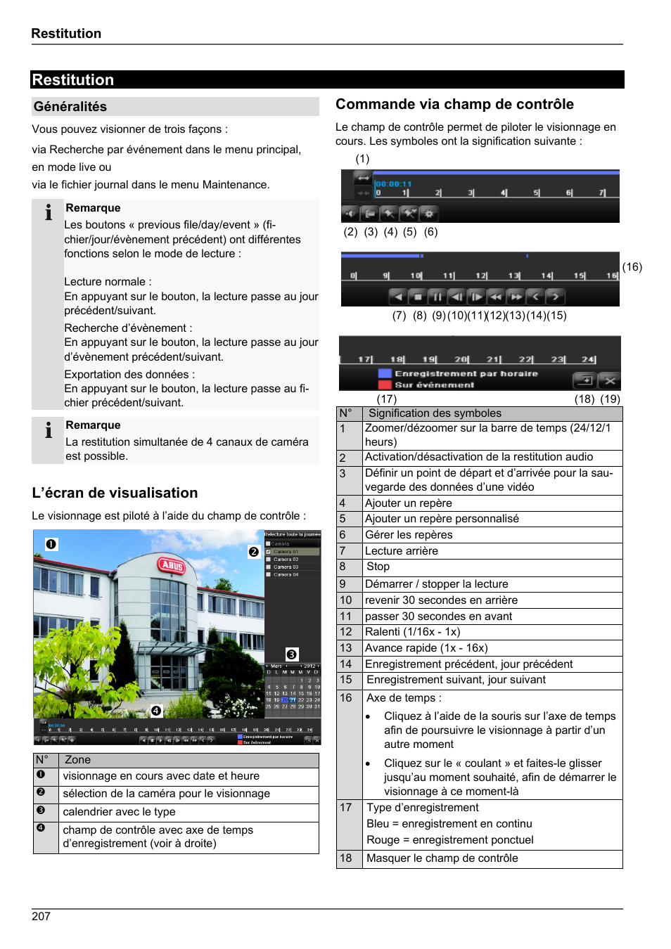 Restitution, L’écran de visualisation, Commande via champ de contrôle | ABUS TVHD80010 Operating instructions User Manual | Page 207 / 366