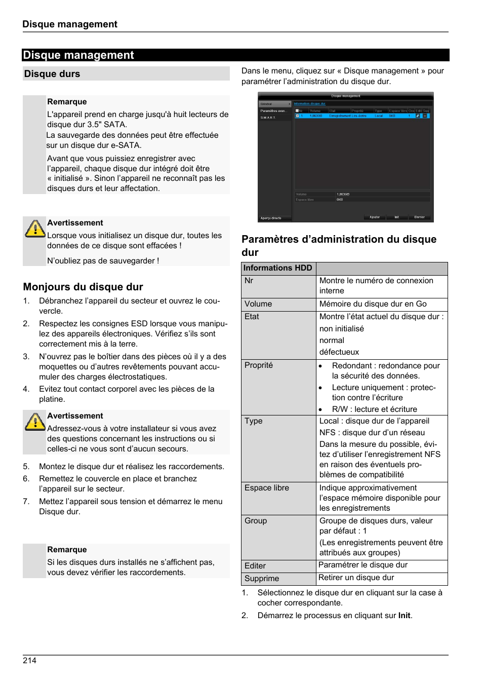 Disque management, Monjours du disque dur, Paramètres d’administration du disque dur | ABUS TVHD80010 Operating instructions User Manual | Page 214 / 366