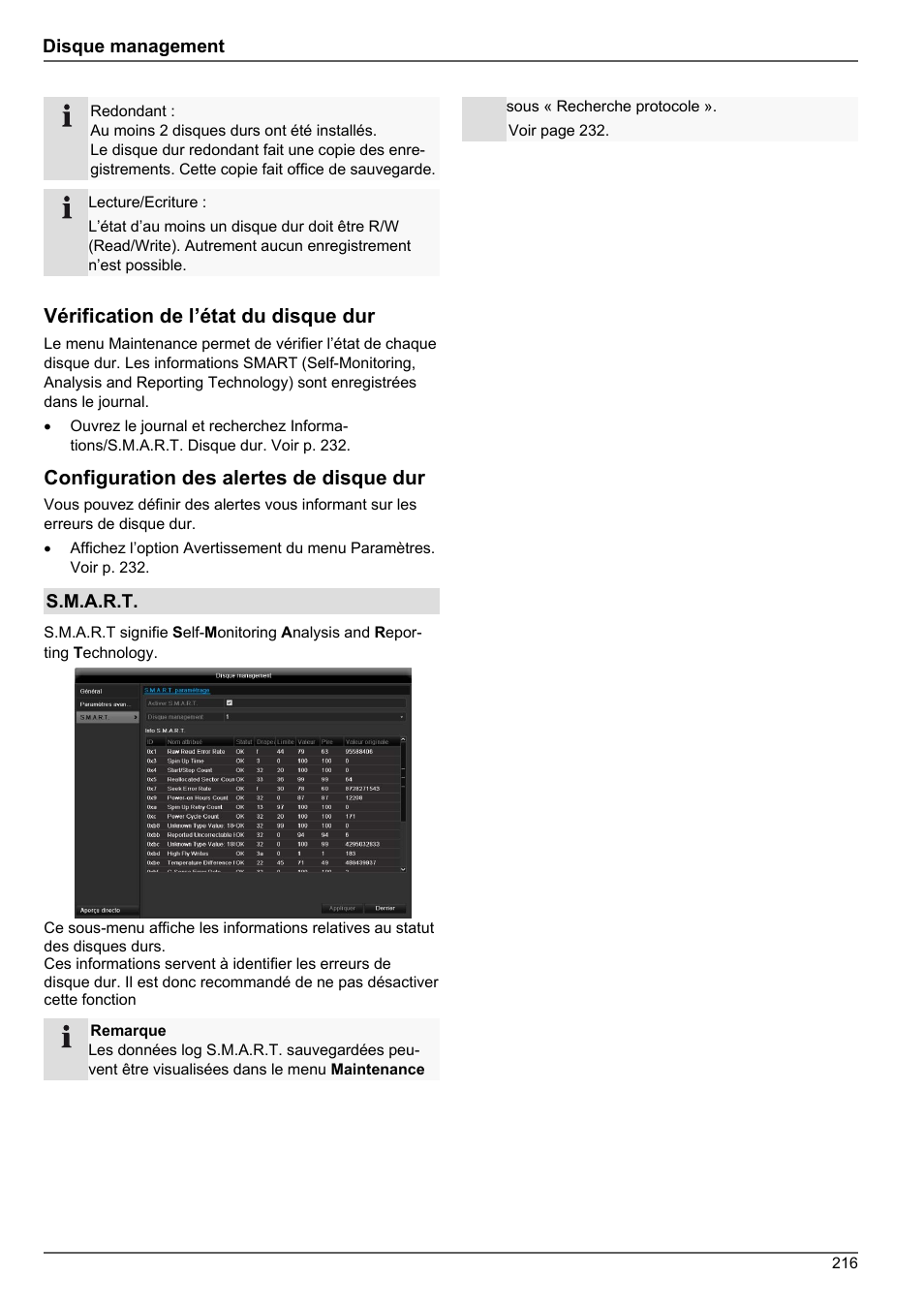 Vérification de l’état du disque dur, Configuration des alertes de disque dur | ABUS TVHD80010 Operating instructions User Manual | Page 216 / 366