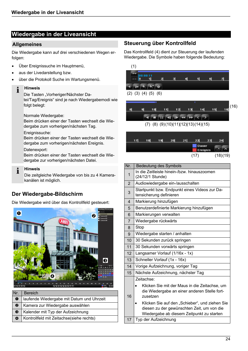 Wiedergabe in der liveansicht, Der wiedergabe-bildschirm, Steuerung über kontrollfeld | ABUS TVHD80010 Operating instructions User Manual | Page 24 / 366