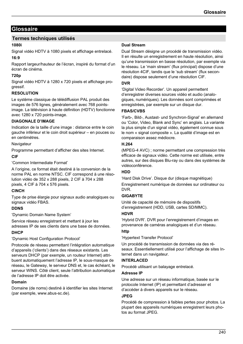 Glossaire | ABUS TVHD80010 Operating instructions User Manual | Page 240 / 366