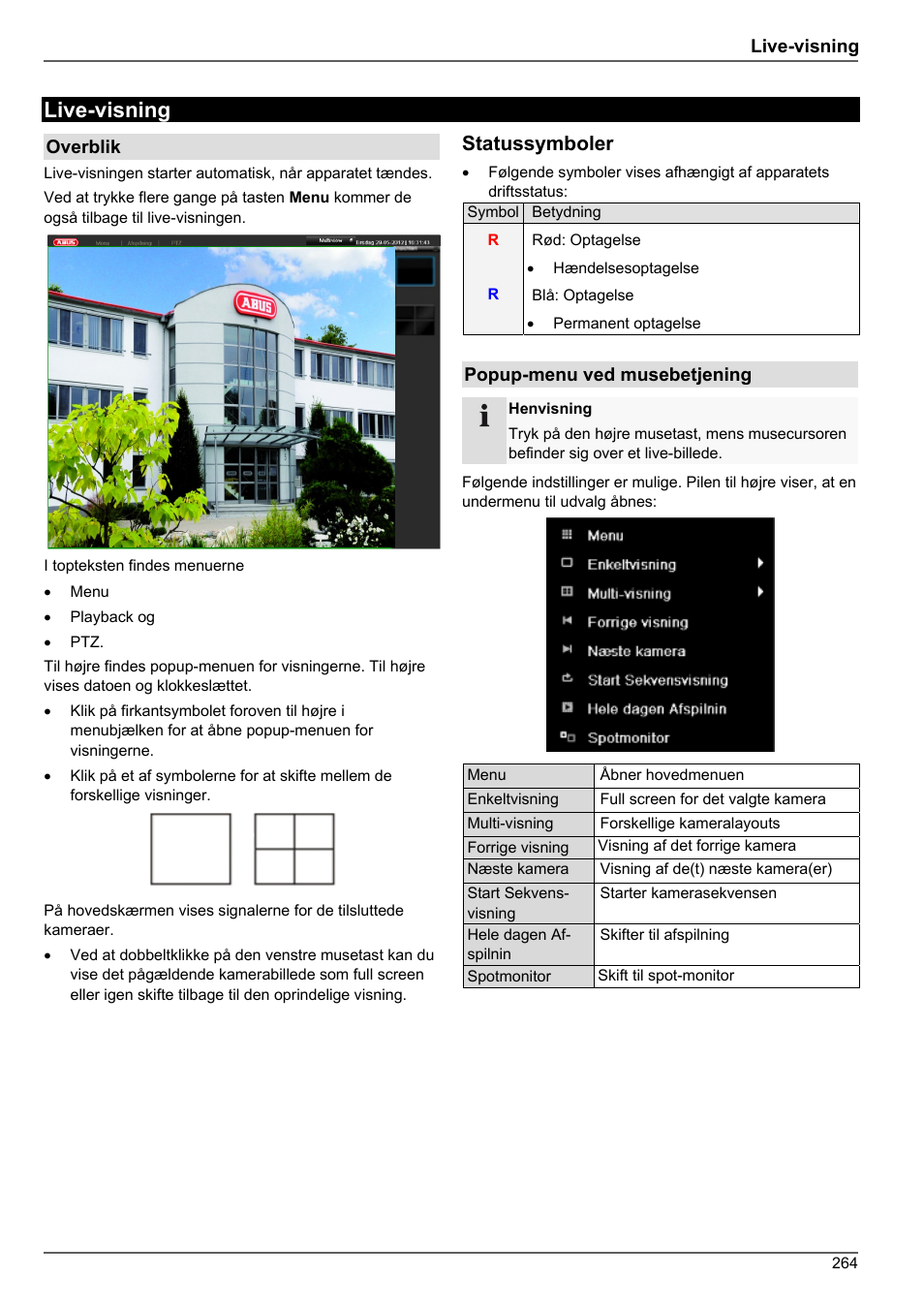 Live-visning, Statussymboler | ABUS TVHD80010 Operating instructions User Manual | Page 264 / 366