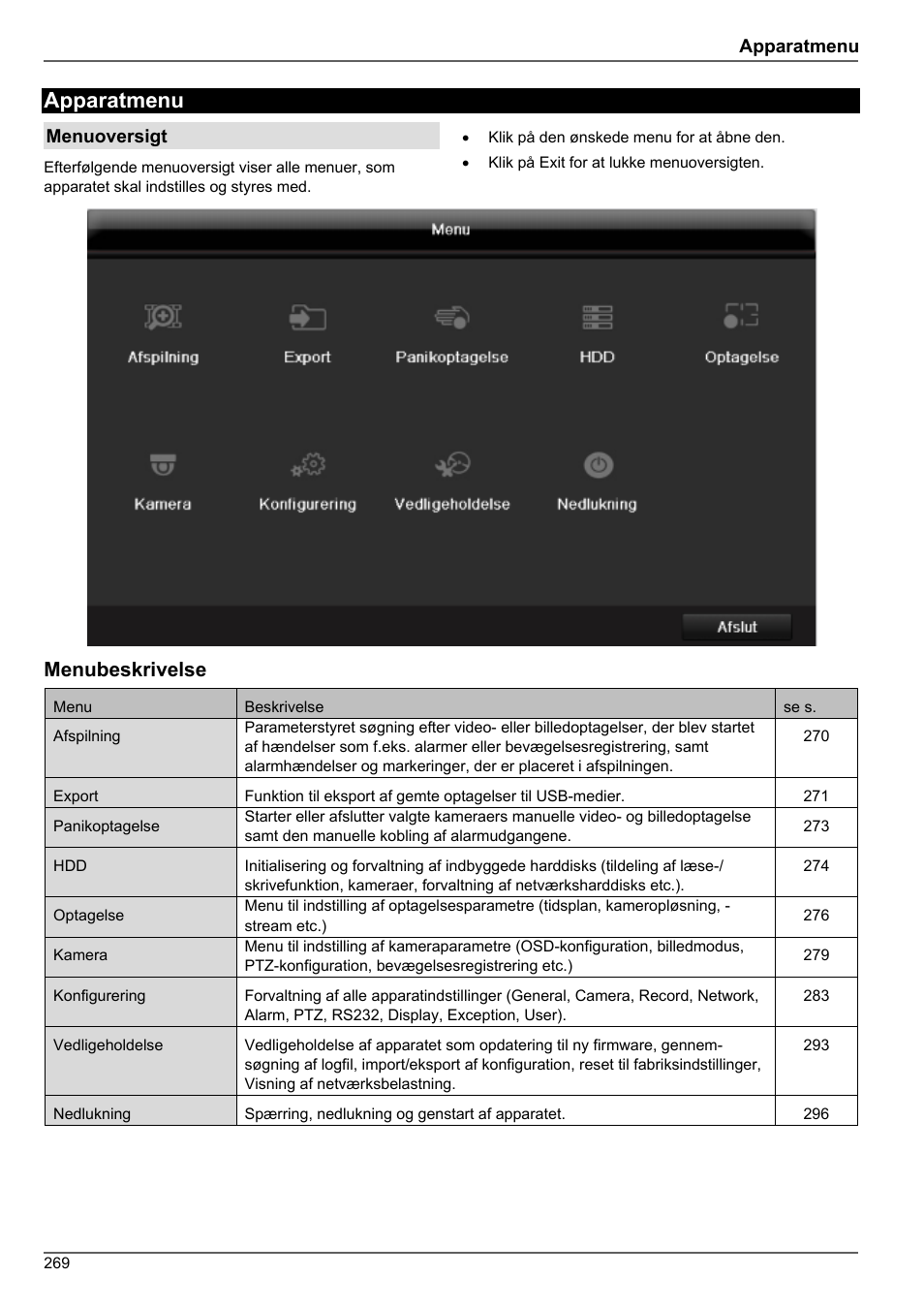 Apparatmenu, Menubeskrivelse | ABUS TVHD80010 Operating instructions User Manual | Page 269 / 366