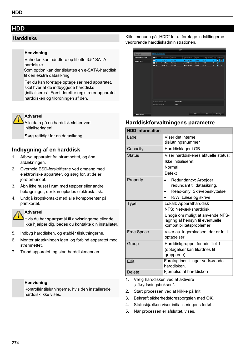 Indbygning af en harddisk, Harddiskforvaltningens parametre | ABUS TVHD80010 Operating instructions User Manual | Page 274 / 366
