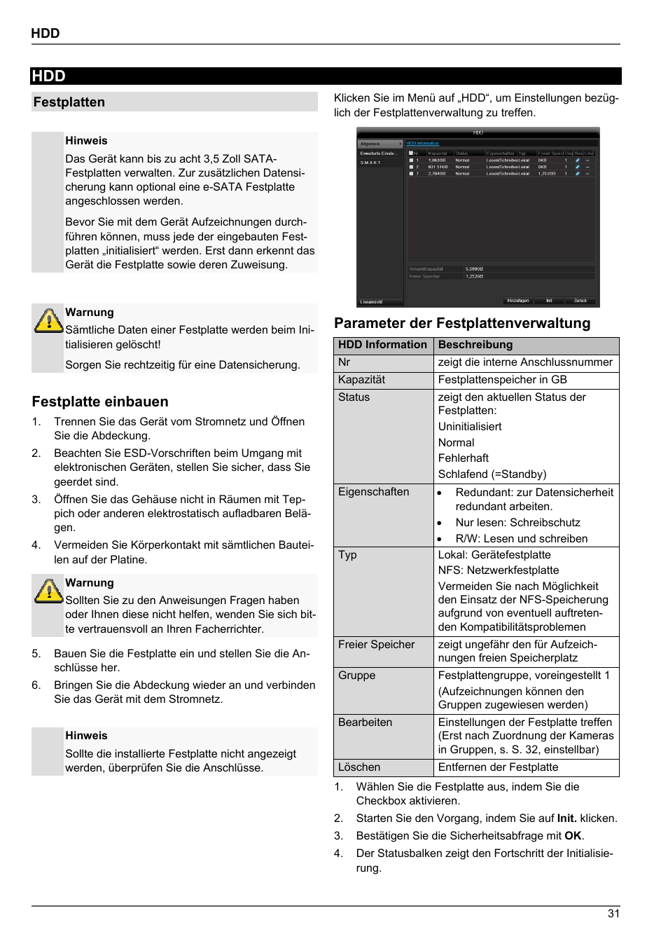Festplatte einbauen, Parameter der festplattenverwaltung | ABUS TVHD80010 Operating instructions User Manual | Page 31 / 366