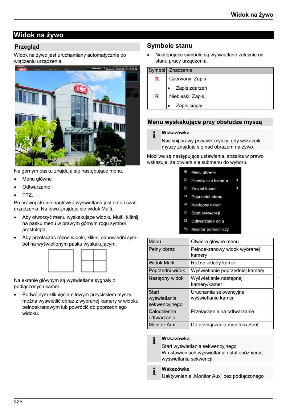Widok na żywo, Symbole stanu | ABUS TVHD80010 Operating instructions User Manual | Page 325 / 366