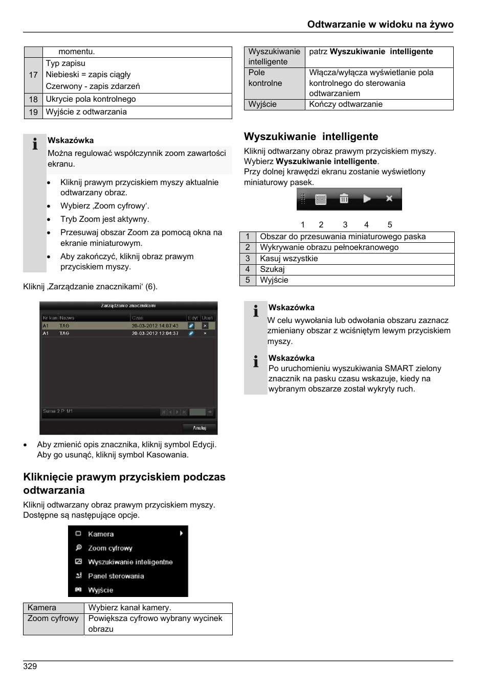 Kliknięcie prawym przyciskiem podczas odtwarzania, Wyszukiwanie intelligente | ABUS TVHD80010 Operating instructions User Manual | Page 329 / 366