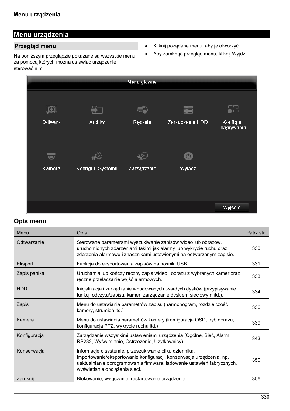 Menu urządzenia, Opis menu | ABUS TVHD80010 Operating instructions User Manual | Page 330 / 366