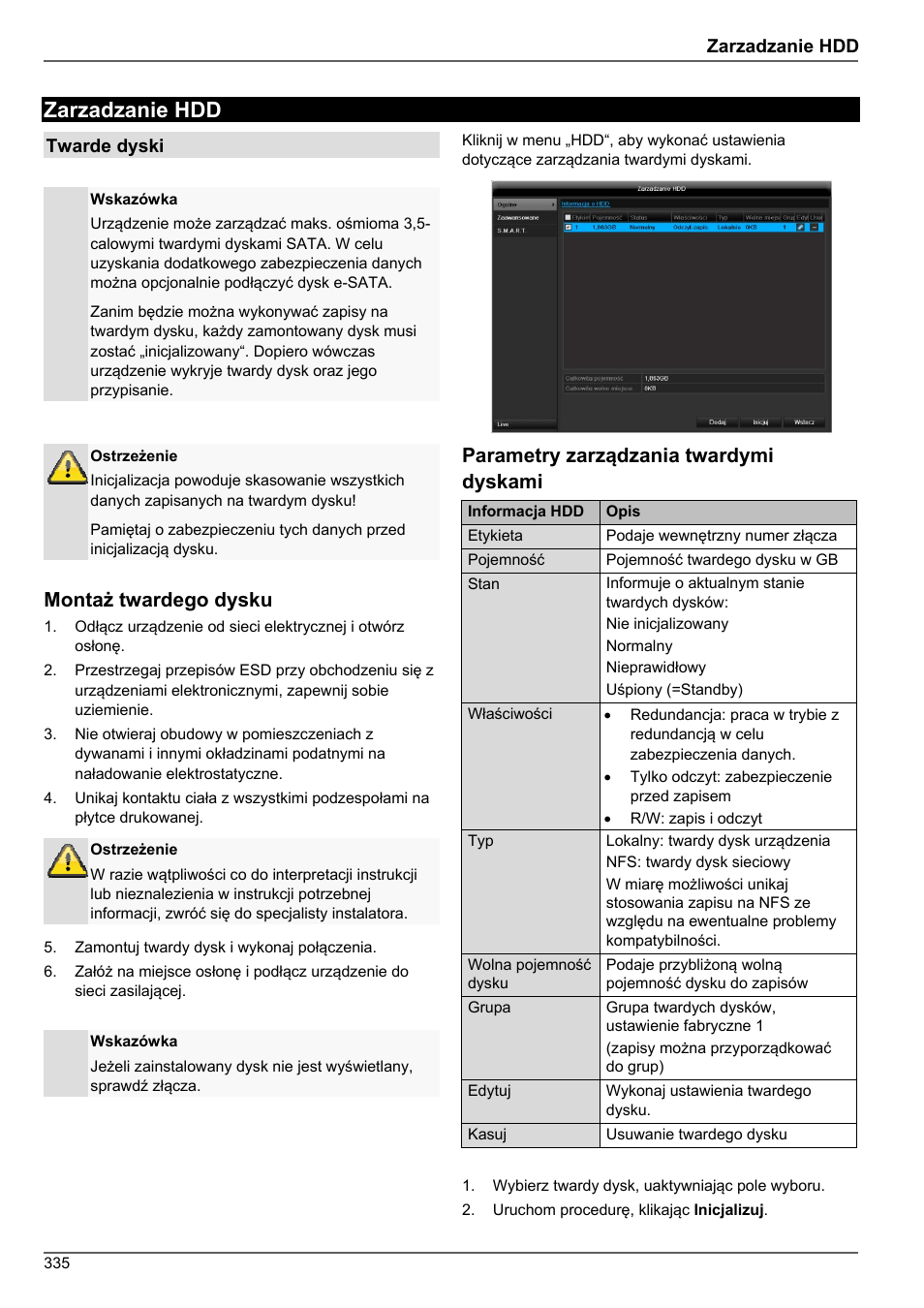 Zarzadzanie hdd, Montaż twardego dysku, Parametry zarządzania twardymi dyskami | ABUS TVHD80010 Operating instructions User Manual | Page 335 / 366