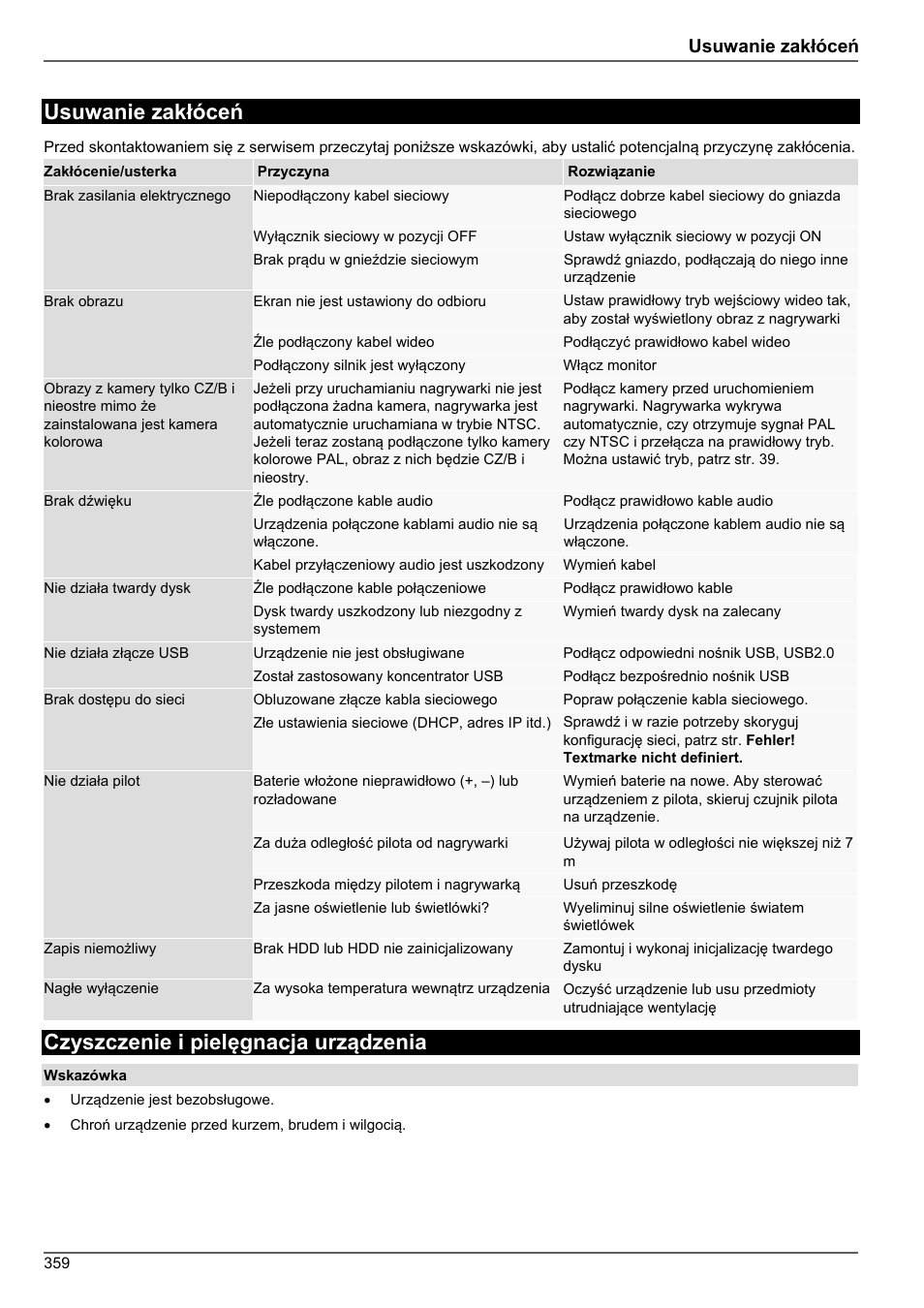 Czyszczenie i pielęgnacja urządzenia, Usuwanie zakłóceń | ABUS TVHD80010 Operating instructions User Manual | Page 359 / 366