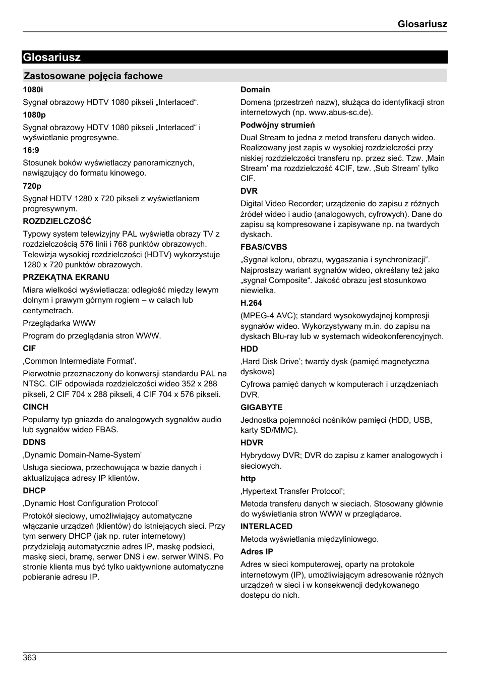 Glosariusz | ABUS TVHD80010 Operating instructions User Manual | Page 363 / 366