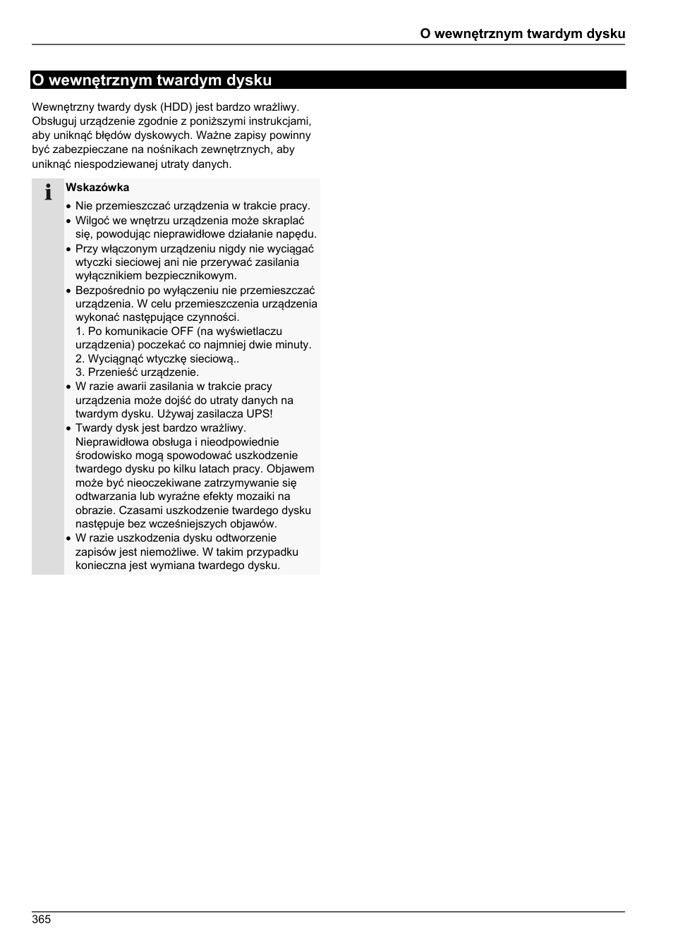 O wewnętrznym twardym dysku | ABUS TVHD80010 Operating instructions User Manual | Page 365 / 366