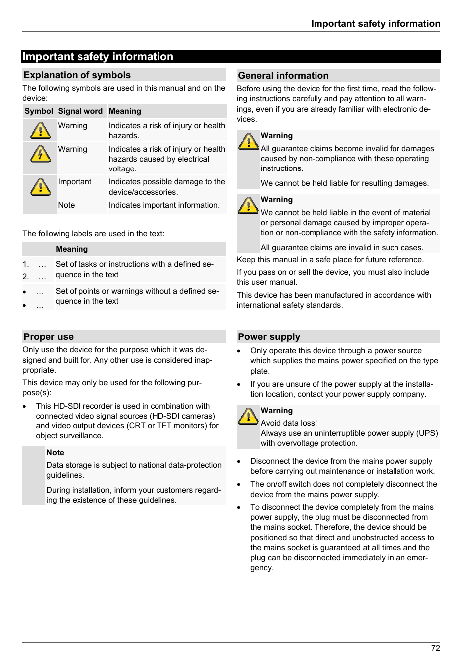 Important safety information | ABUS TVHD80010 Operating instructions User Manual | Page 72 / 366