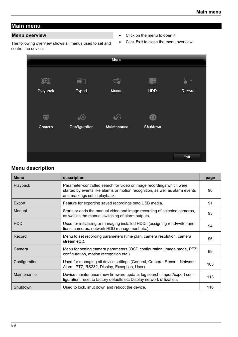 Main menu, Menu description | ABUS TVHD80010 Operating instructions User Manual | Page 89 / 366