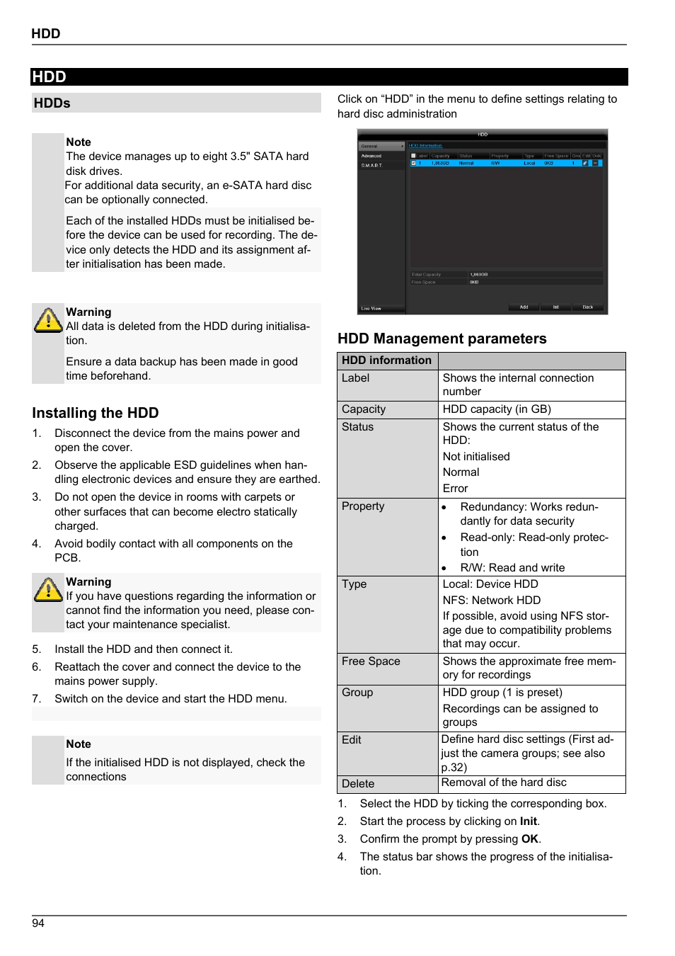 Installing the hdd, Hdd management parameters | ABUS TVHD80010 Operating instructions User Manual | Page 94 / 366