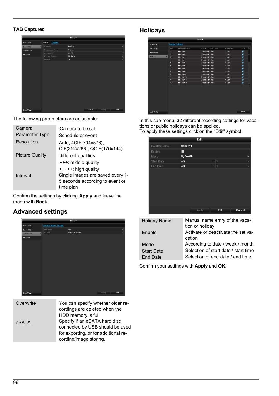 Advanced settings, Holidays | ABUS TVHD80010 Operating instructions User Manual | Page 99 / 366