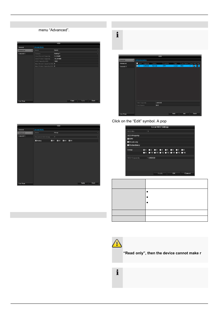 Settings, Hdd settings of the cameras, Hard disc setting | ABUS TVVR45021 Operating instructions User Manual | Page 134 / 458