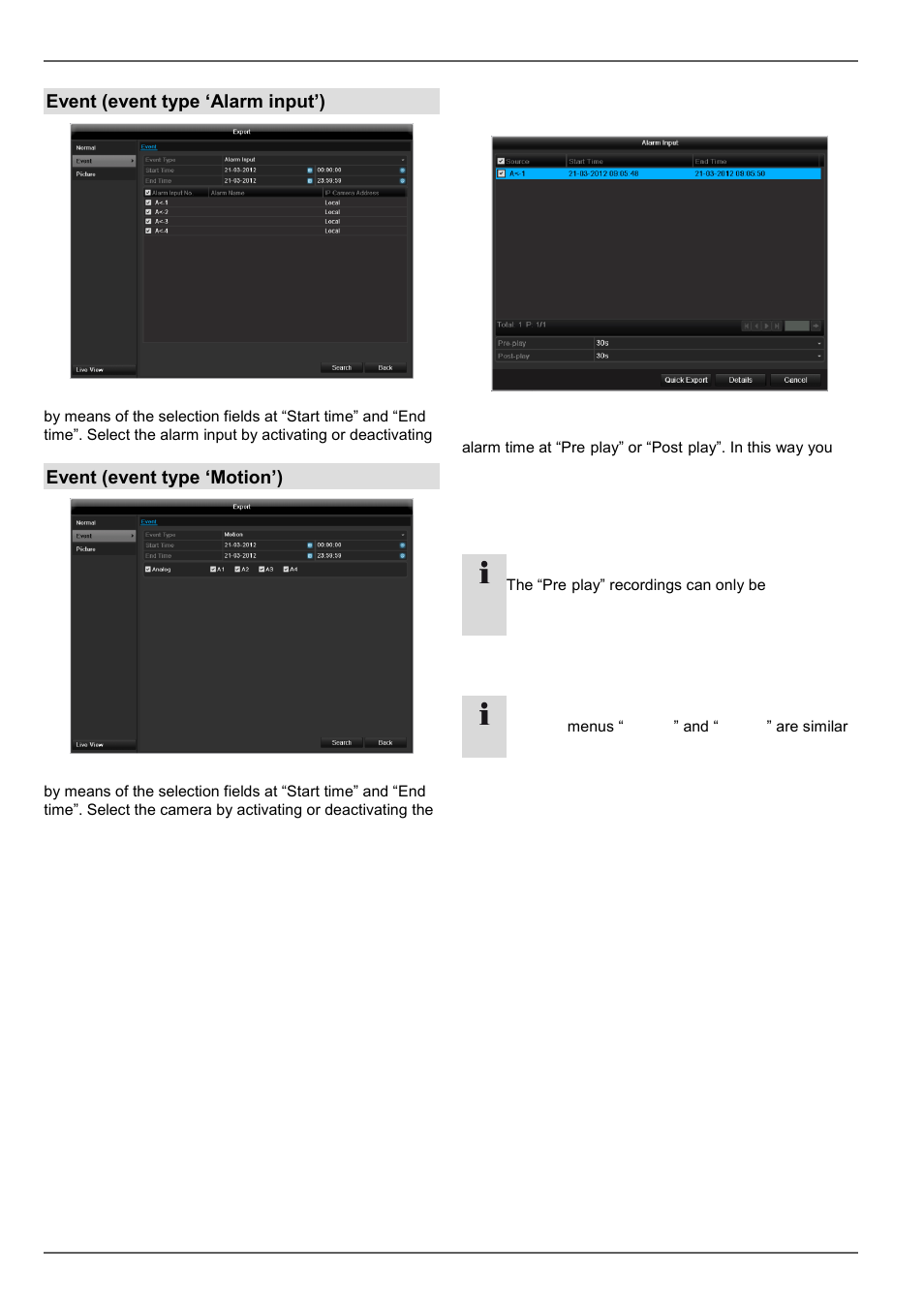 Video export, Event (event type ‘alarm input’), Event (event type ‘motion’) | ABUS TVVR45021 Operating instructions User Manual | Page 143 / 458