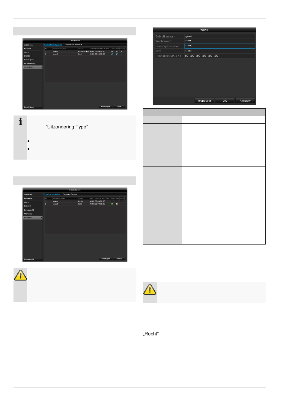 Hoofd menu, Waarschuwing, Gebruikers | ABUS TVVR45021 Operating instructions User Manual | Page 201 / 458