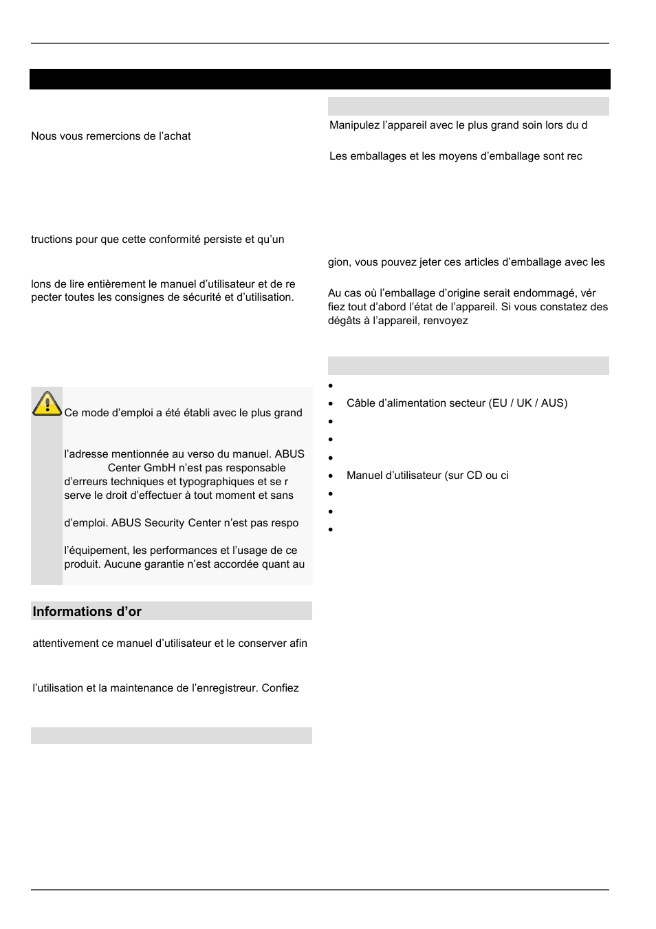 Préface, Informations d’ordre général, Déballage | Contenu de la livraison | ABUS TVVR45021 Operating instructions User Manual | Page 256 / 458