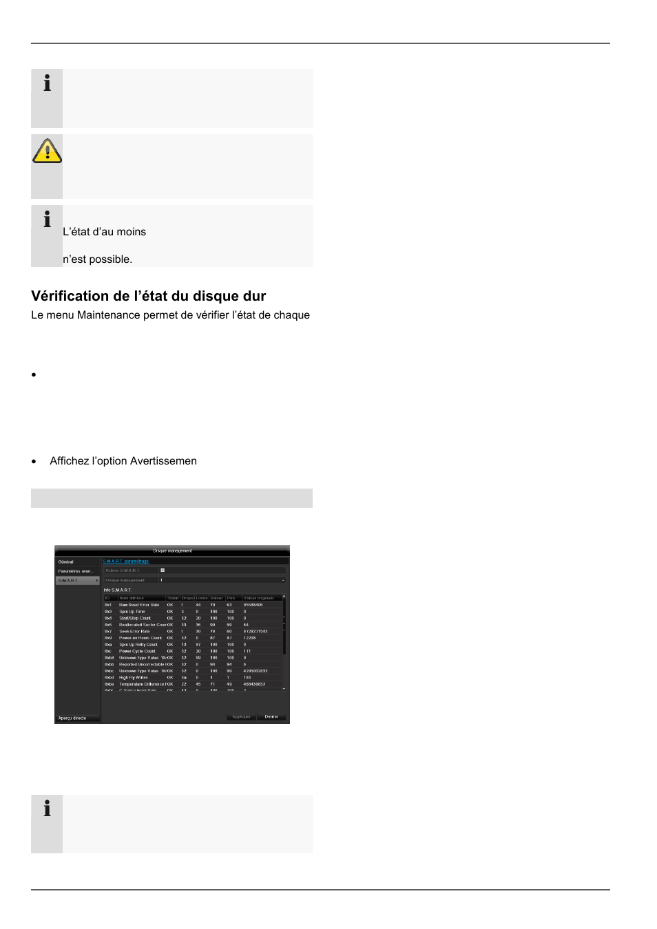 Vérification de l’état du disque dur, Configuration des alertes de disque dur, Disque management | S.m.a.r.t | ABUS TVVR45021 Operating instructions User Manual | Page 287 / 458